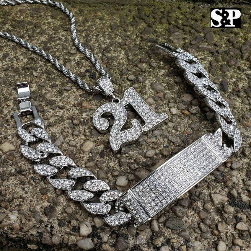 HIP HOP BLING SAVAGE 21 LAB DIAMOND NECKLACE & ICED MIAMI CUBAN BRACELET SET