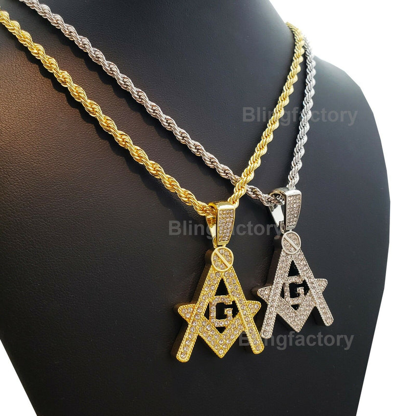 Hip Hop Iced out Masonic Freemason Pendant & 4mm 24" Rope Chain Necklace