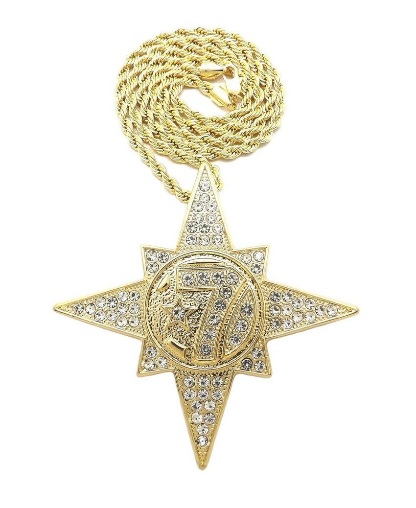HIP HOP ICED OUT 5PERCENTER STYLE 7 STAR PENDANT & 4mm 24" ROPE CHAIN NECKLACE