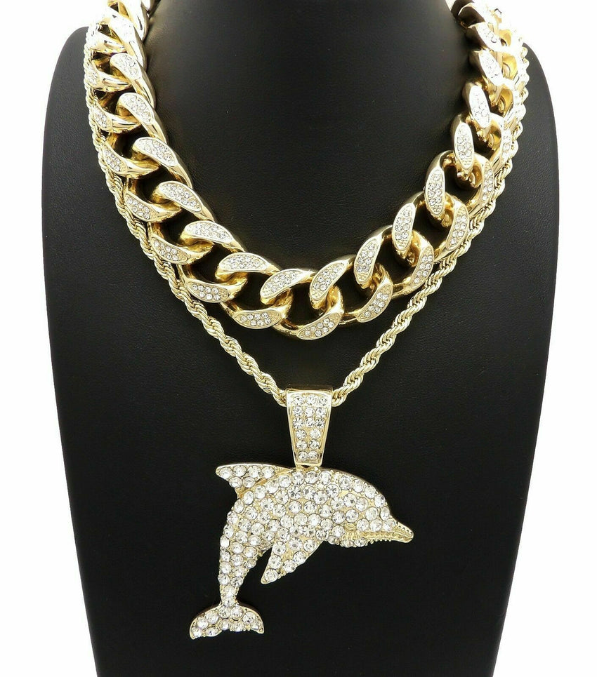 Hip Hop Iced Young Dolph Dolphin Necklace & 18" Full Iced Cuban Choker Chain Necklace set