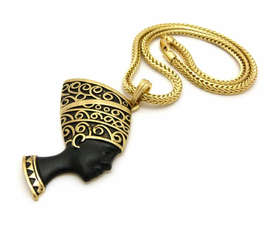 NEW CELEBRITY EGYPTIAN NEFERTITI PENDANT & 4mm 18" FRANCO CHAIN HIP HOP NECKLACE