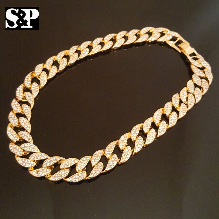 Hip Hop Men Quavo Iced 15mm 16" Miami Cuban Choker 2 Chains Necklace Set