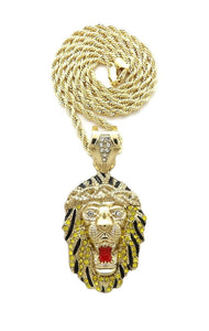 HIP HOP ICED OUT 14K GOLD PLATED LION HEAD PENDANT & 4mm 24