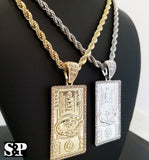 $100 Hundred Dollar Bill Benjamin Money Pendant & 5mm 30" Rope Chain Necklace