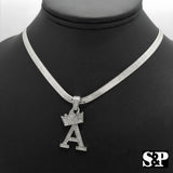 Unisex Iced Out Hip Hop Initial A Pendant & 5mm 20" Herringbone Chain Necklace