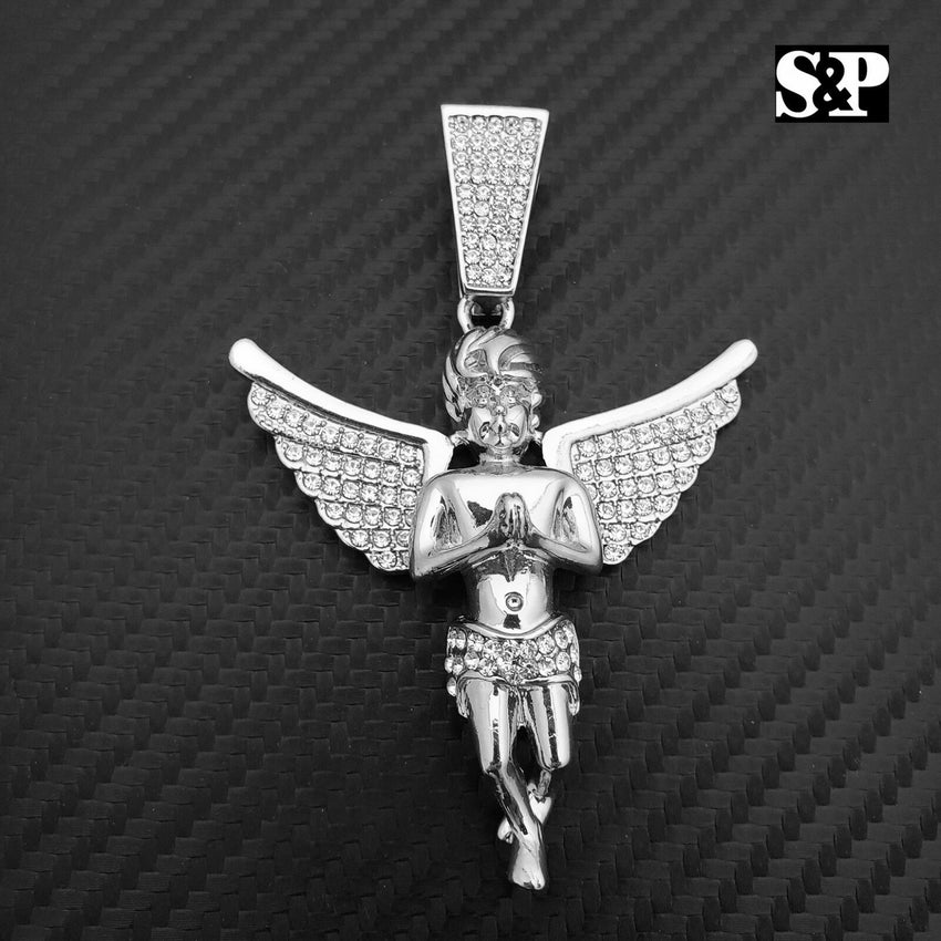 HIP HOP ICED RAPPER STYLE LAB DIAMOND SILVER PLATED BABY ANGEL LARGE PENDANT