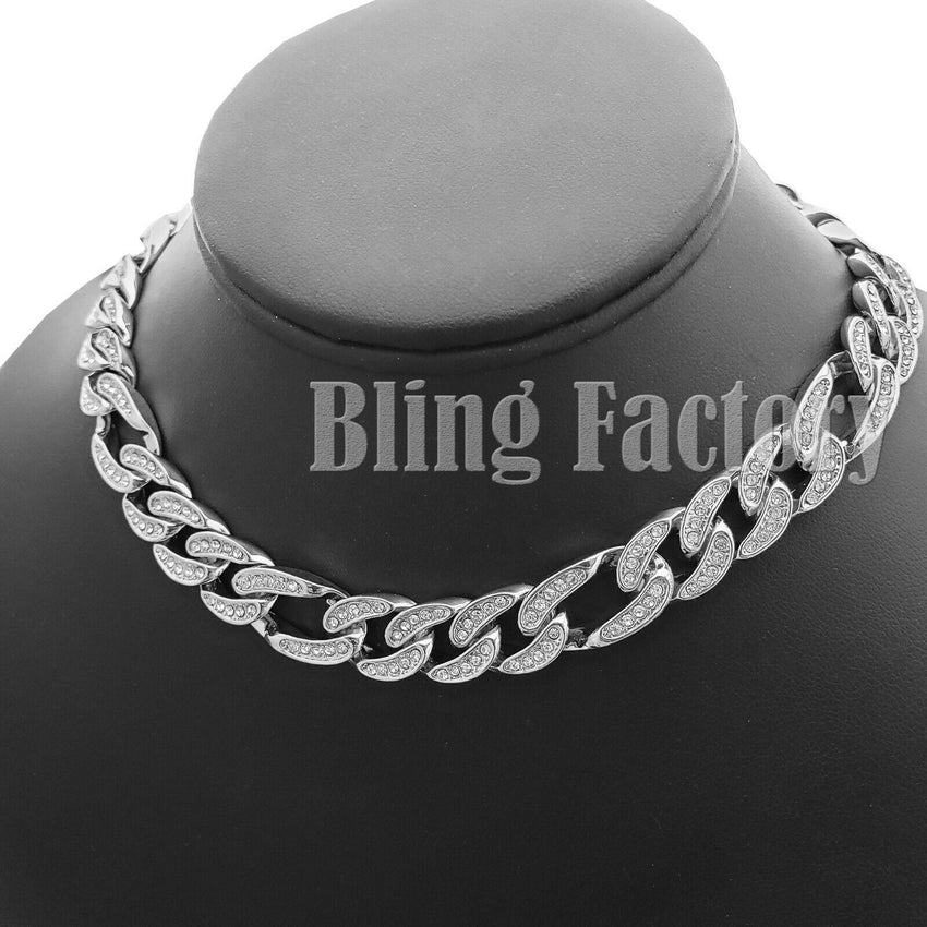 Hip Hop Men Quavo White Gold PT Iced 2mm 18" Figaro Choker Chain Necklace