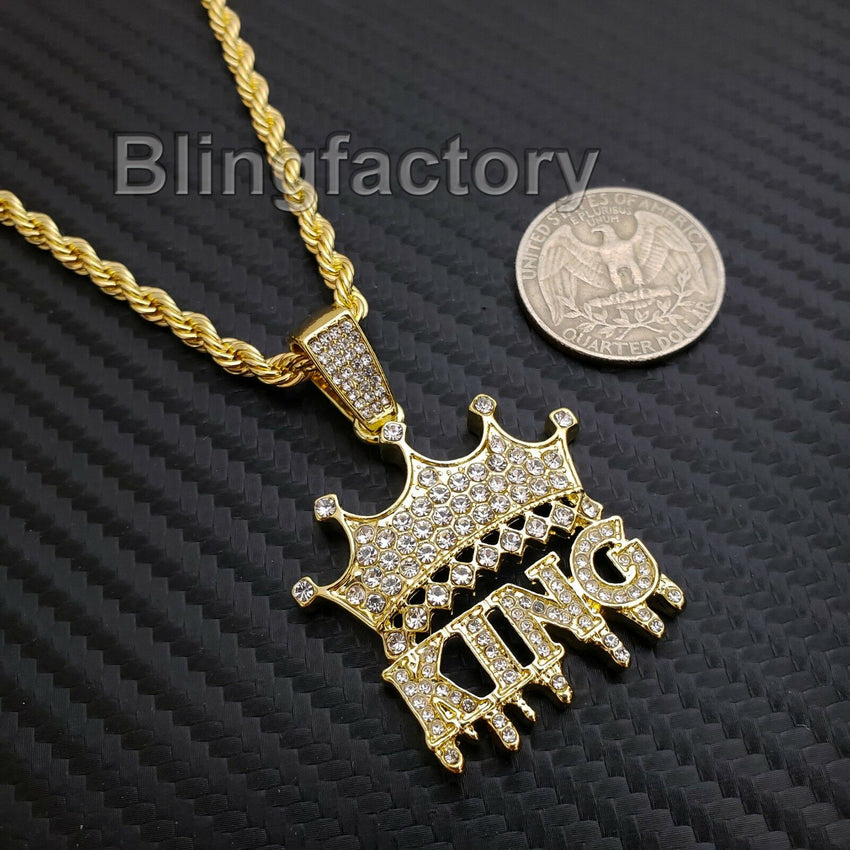 Hip Hop Iced out Lab Diamond Crowned KING Drip Pendant & 24" Rope Chain Necklace