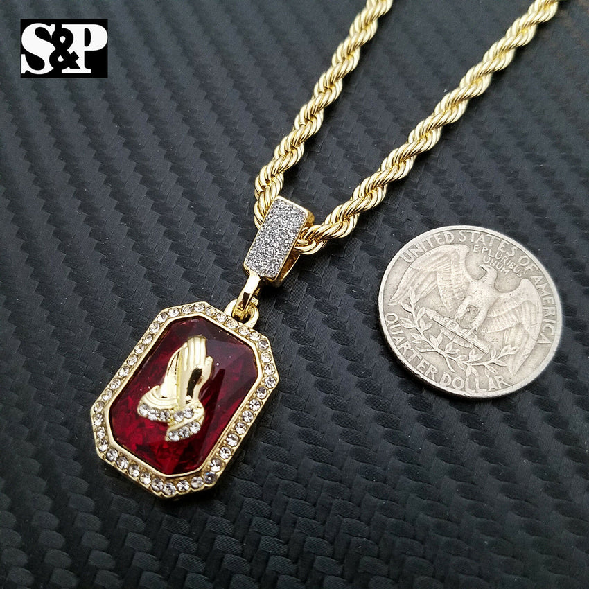 Hip Hop Praying Hands & Red Ruby Praying Hands Pendant w/ Rope Chain 2 Necklaces