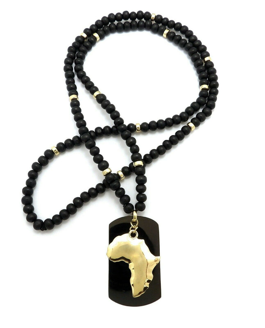 Hip Hop Iced Egyptian Africa & Dog Tag Pendant w/ 6mm 30" Wooden Bead Necklace