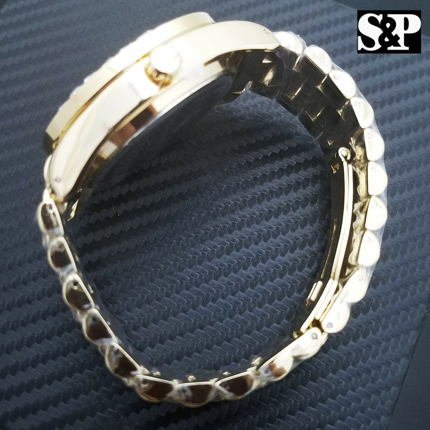 MENS ICED OUT GOLD PT CAPTAIN BLING HIP HOP BIG CZ STONES BLACK DIAL WRIST WATCH