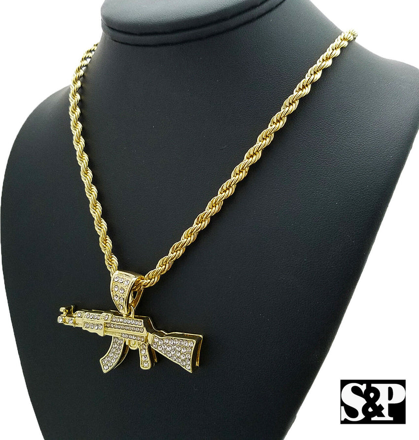 Hip Hop Iced Out Large AK47 Machine Gun Pendant & 5mm 30" Rope Chain Necklace