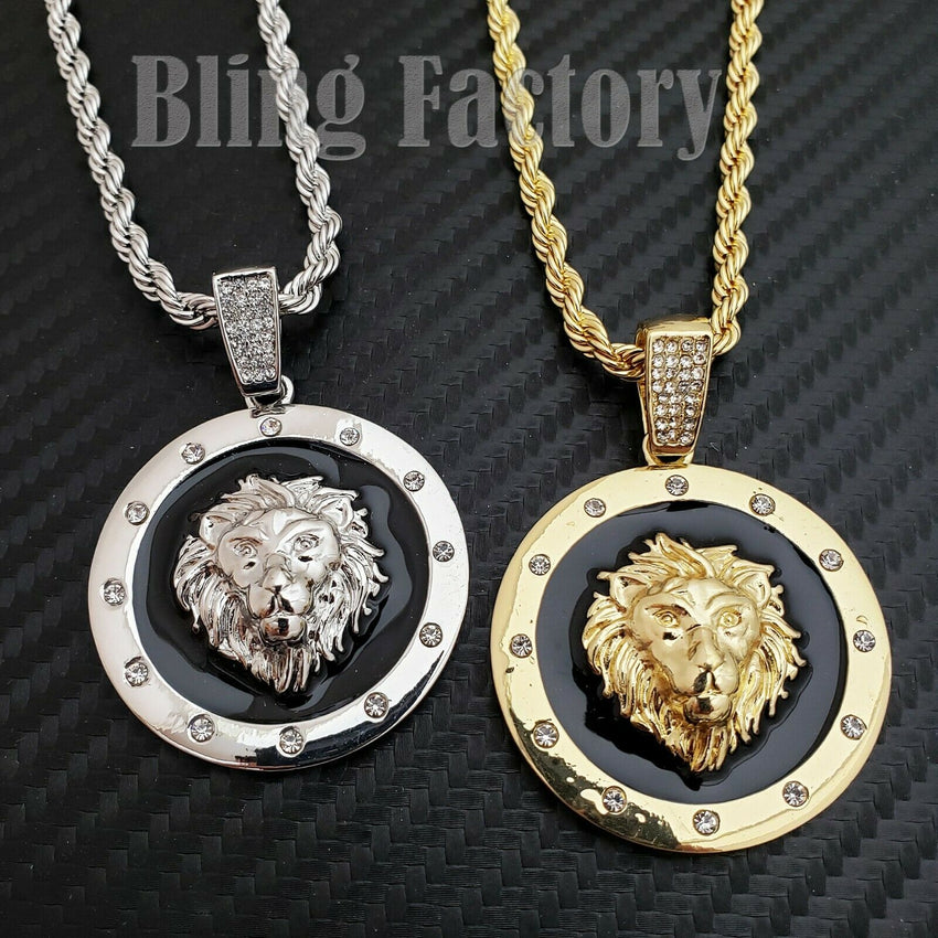 Hip Hop Iced out Lion Head Medallion Charm Pendant & 4mm 24" Rope Chain Necklace