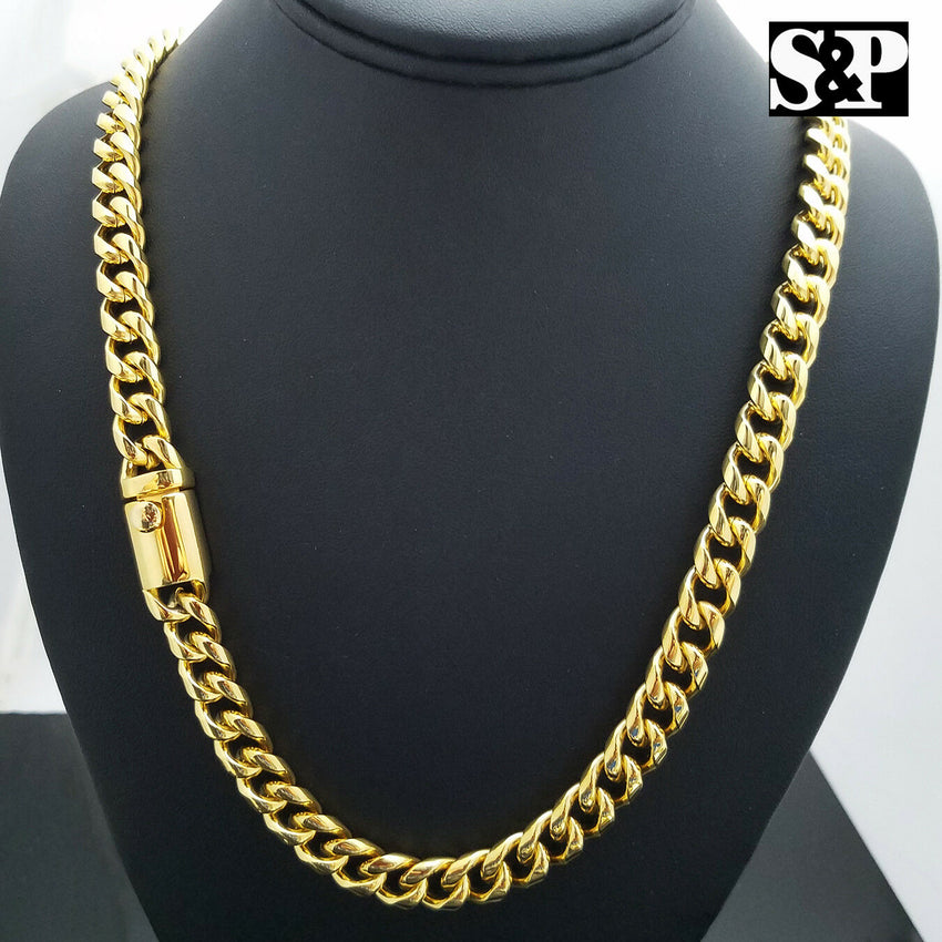 Men Gold Finish Stainless Steel Special Lock 10mm 24", 30 Cuban Chain Necklace