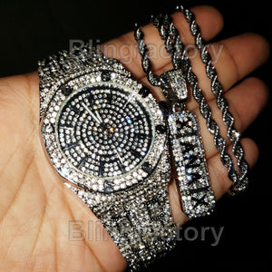 LUXURY ICED OUT WHITE GOLD PLATED LAB DIAMOND WATCH & XANAX NECKLACE COMBO SET