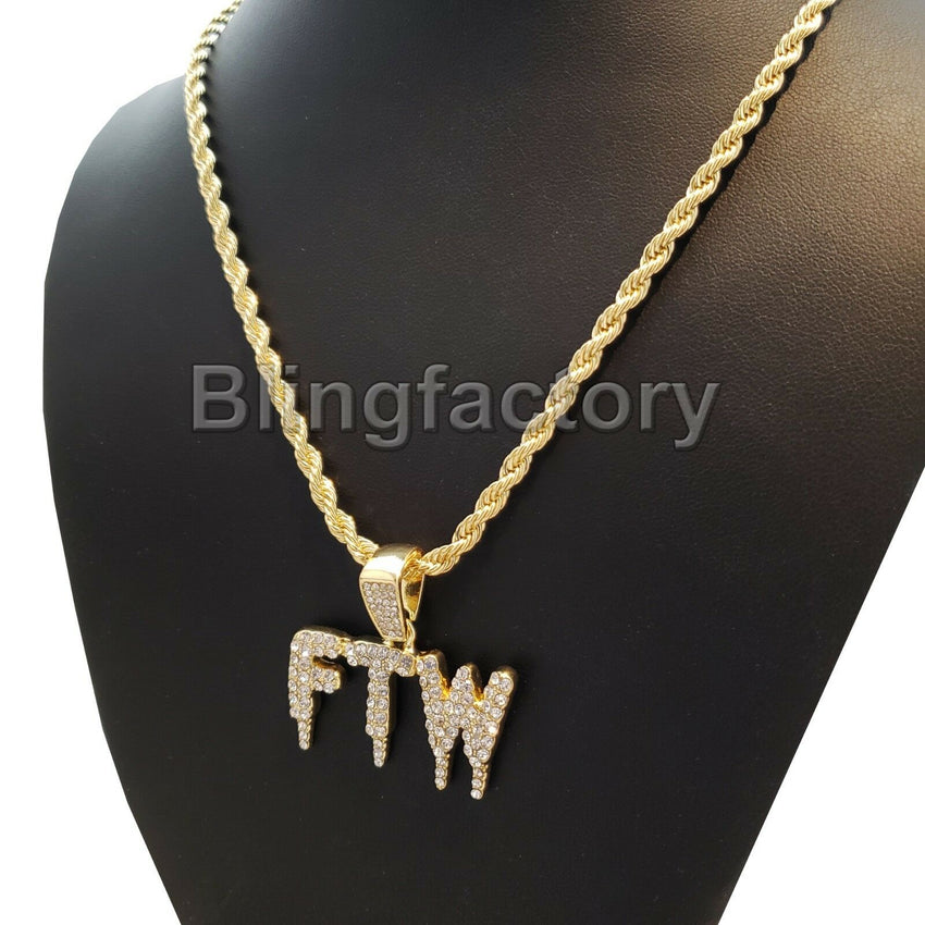 Hip Hop Iced out Lab Diamond FTW DRIP Pendant & 4mm 24" Rope Chain Necklace