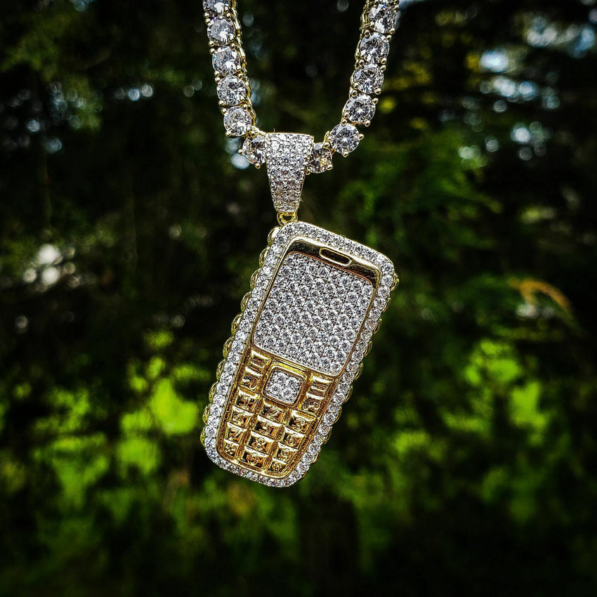 Iced Brass Retro Phone Pendant & 1 Row Lab Diamond Tennis Chain Necklace
