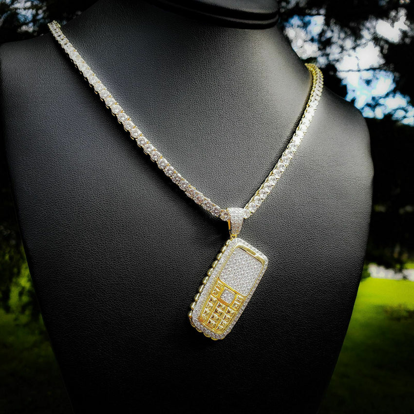 Iced Brass Retro Phone Pendant & 1 Row Lab Diamond Tennis Chain Necklace