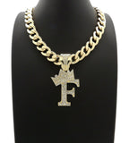 Hip Hop Crowned Alphabet Initial Pendant & 11mm 20" Cuban Choker Chain Necklace