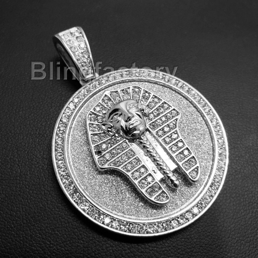 HIP HOP ICED OUT LAB DIAMOND SILVER PLATED EGYPTIAN PHARAOH MEDALLION PENDANT