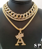 Hip Hop Quavo Choker 16" Full Iced Cuban & 1 ROW DIAMOND CHAIN & "A" Necklace
