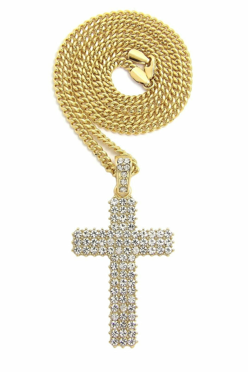 Hip Hop Full Iced Shiny Cross Pendant & 24" Box, Cuban, Rope Chain Necklace