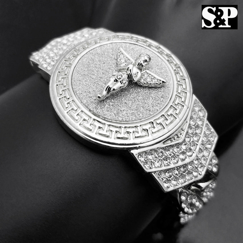 New Hip Hop White Gold Plated 8.5" CZ Full Iced Out Baby Angel Cuban Bracelet
