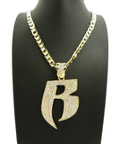 Iced Out Hip Hop RUFF RIDERS R Pendant & 7mm 30" Lab Diamonds Figaro Chain Necklace