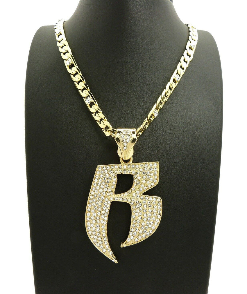 Iced Out Hip Hop RUFF RIDERS R Pendant & 7mm 30" Lab Diamonds Figaro Chain Necklace