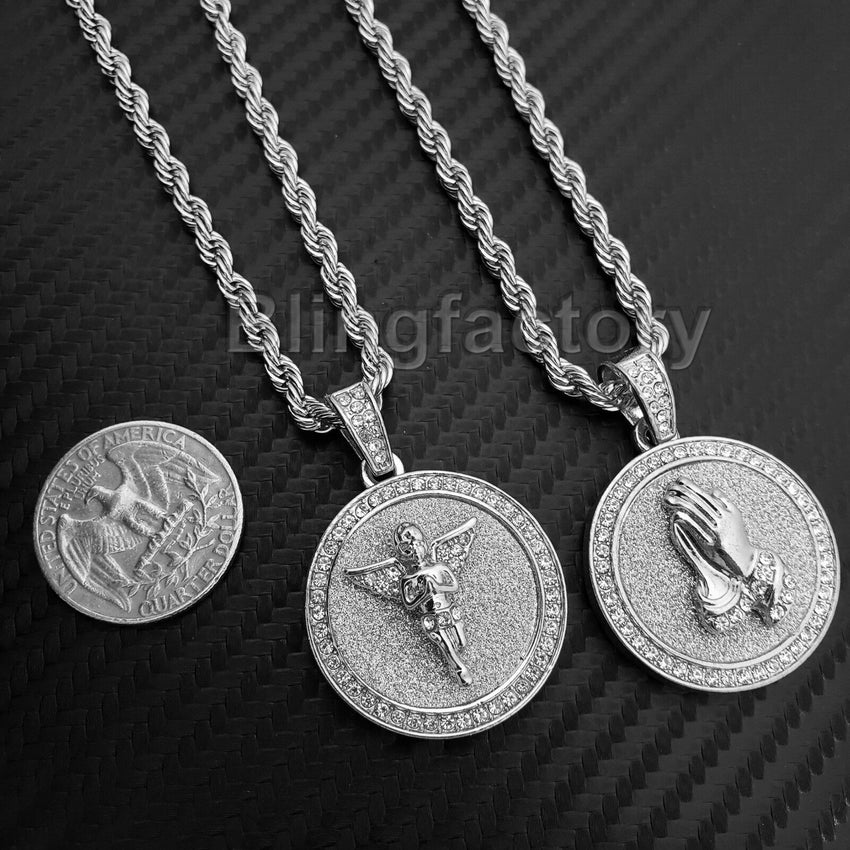 Hip Hop Iced Out Baby Angel & Praying Hands Pendant & 24" Rope Chain Necklace