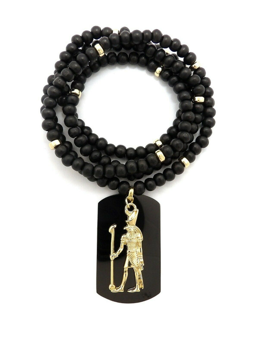 Hip Hop Iced out Egyptian Heru & Dog Tag Pendant w/ 6mm 30" Wooden Bead Necklace