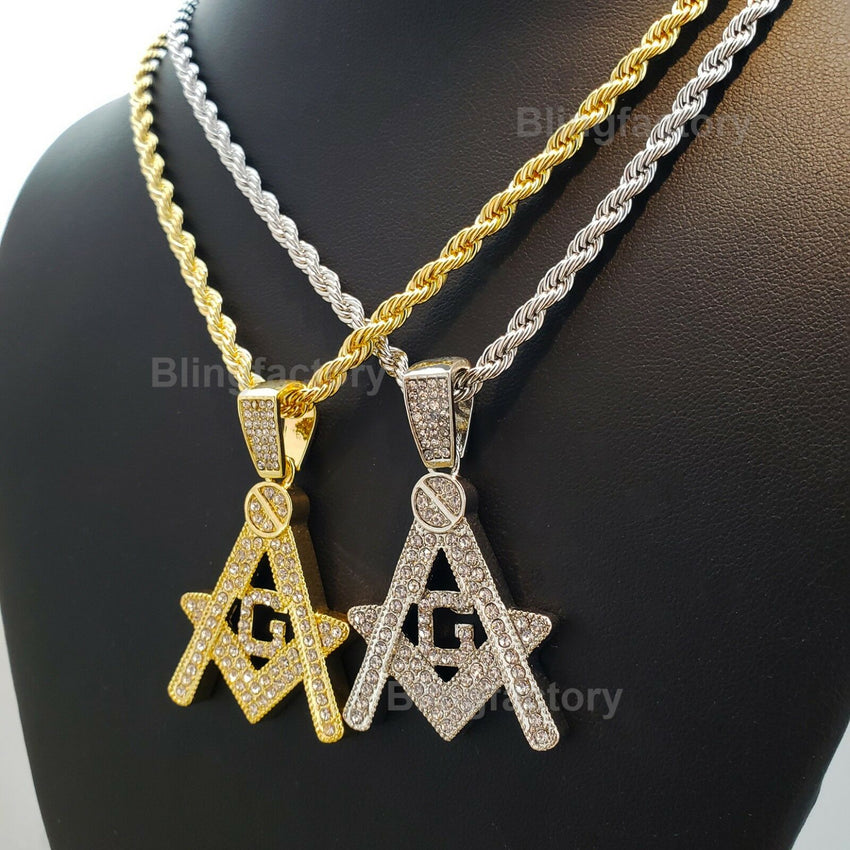 Hip Hop Iced out Masonic Freemason Pendant & 4mm 24" Rope Chain Necklace