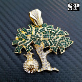 ICED OUT 14K GOLD PT LAB DIAMONDS DOLLAR MONEY BAG TREE PENDANT CHARM