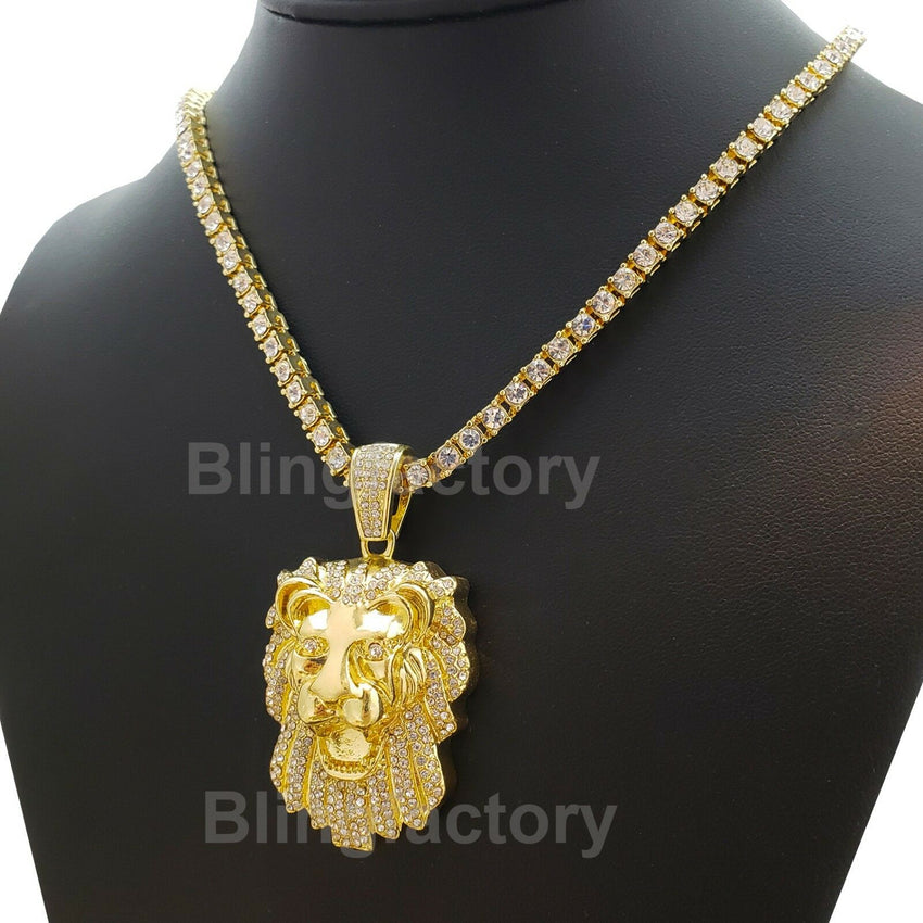 Hip Hop Iced out Lab Diamond Lion Head Pendant & 18" 1 Row Tennis Chain Necklace