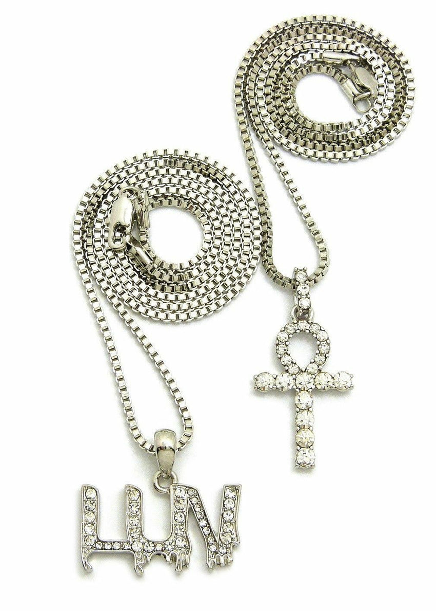 ICED OUT MINI ANKH CROSS & LUV PENDANT W/ 20" 24" BOX CHAIN HIP HOP NECKLACE SET