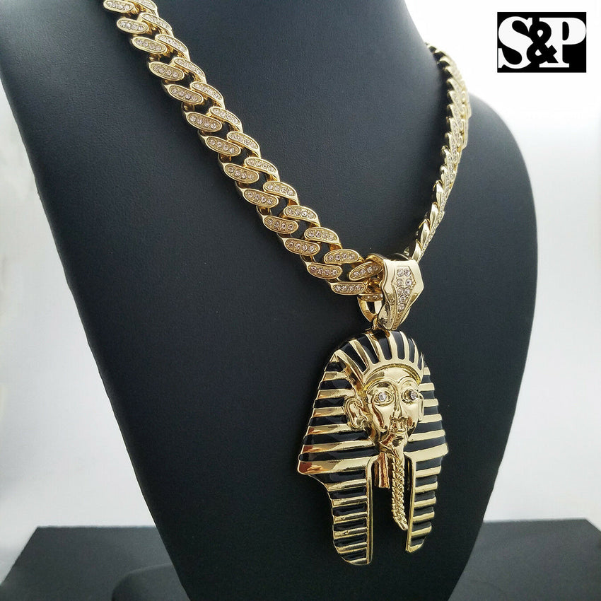 Hip Hop Egyptian Pharaoh Pendant & 12mm 30" Full Iced Cuban Link Chain Necklace