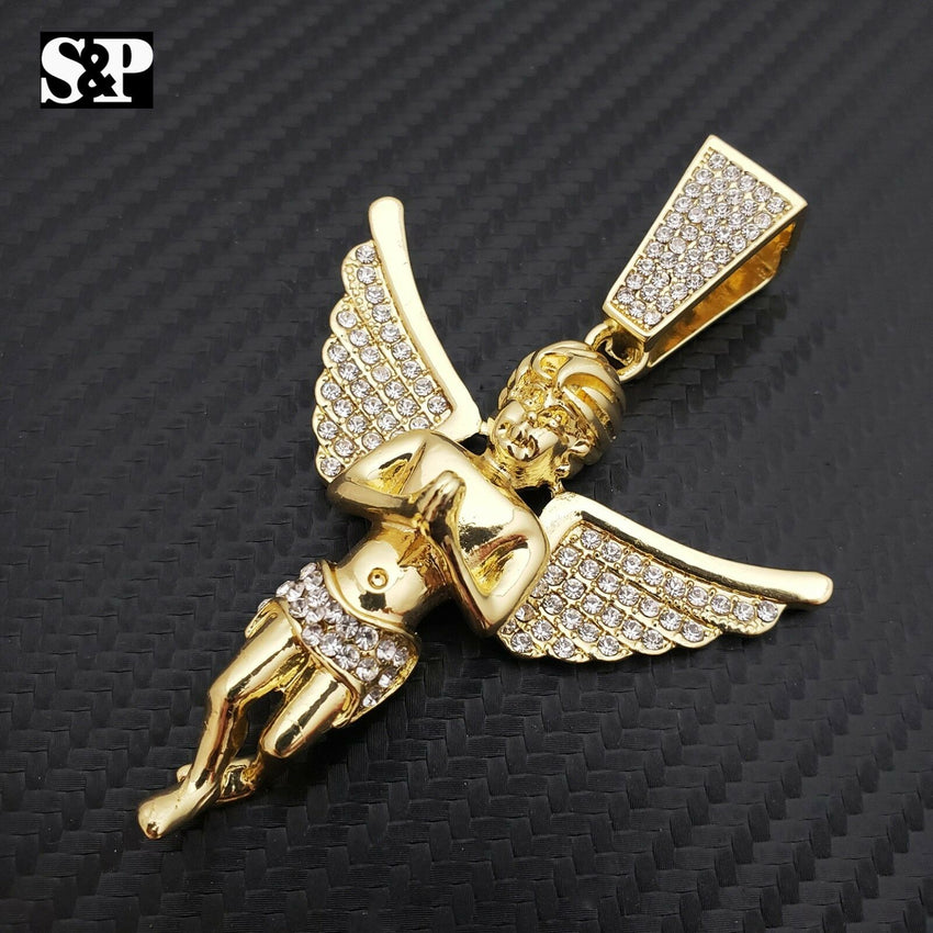 Hip Hop Bling Gold PT Baby Angel Pendant & 20" Full Iced Cuban Choker Chain Necklace