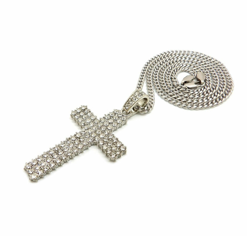 Hip Hop Full Iced Shiny Cross Pendant & 24" Box, Cuban, Rope Chain Necklace