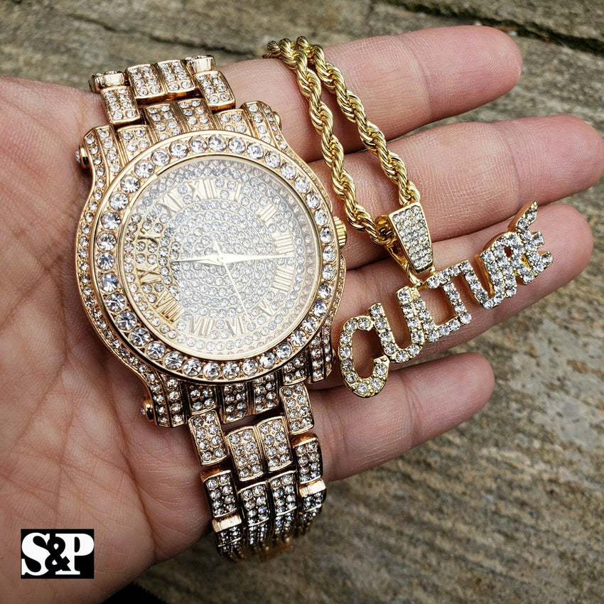 Men's Hip Hop Iced Out Migos Lab Diamond Watch & "CULTURE" Necklace combo Set