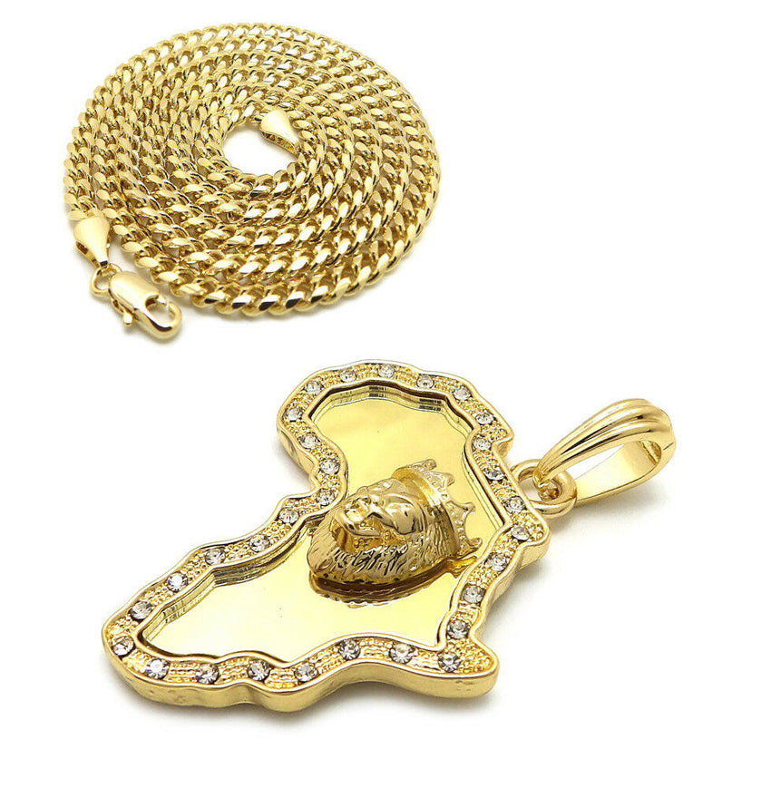 Iced Out Africa Lion King Pendant & 24" Box, Cuban, Rope Chain Hip Hop Necklace