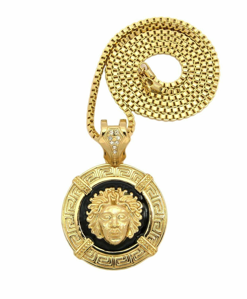 New 14K Gold PT Medusa Face Head Pendant w/ 3mm 30" Box Chain Hip Hop Necklace