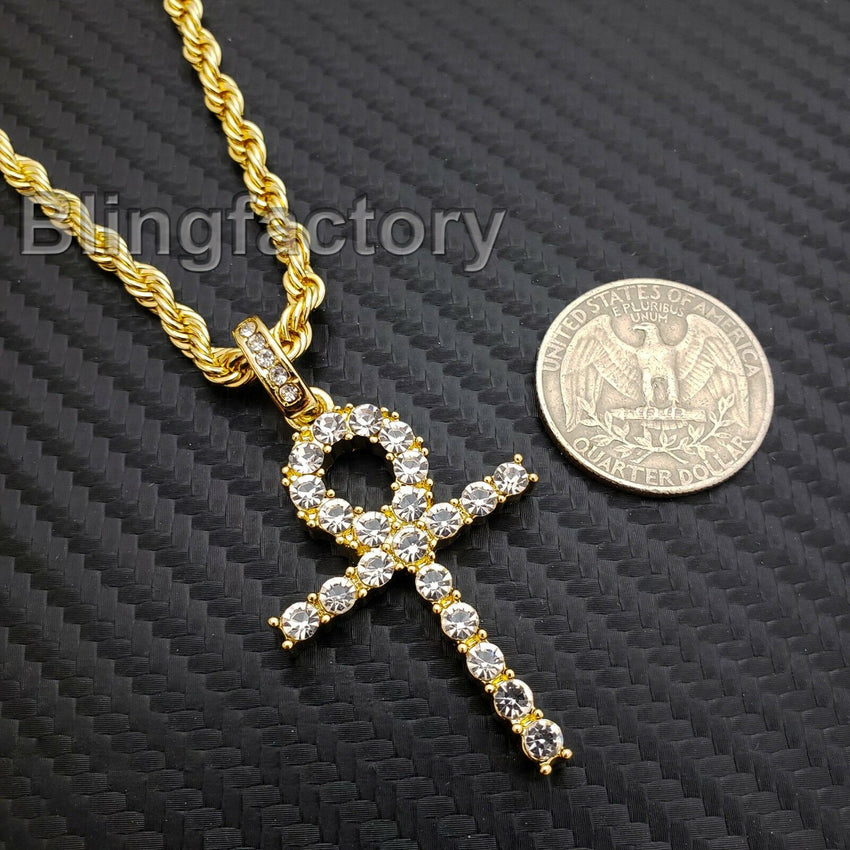 Hip Hop Iced out Lab Diamond Ankh Cross Pendant & 4mm 24" Rope Chain Necklace