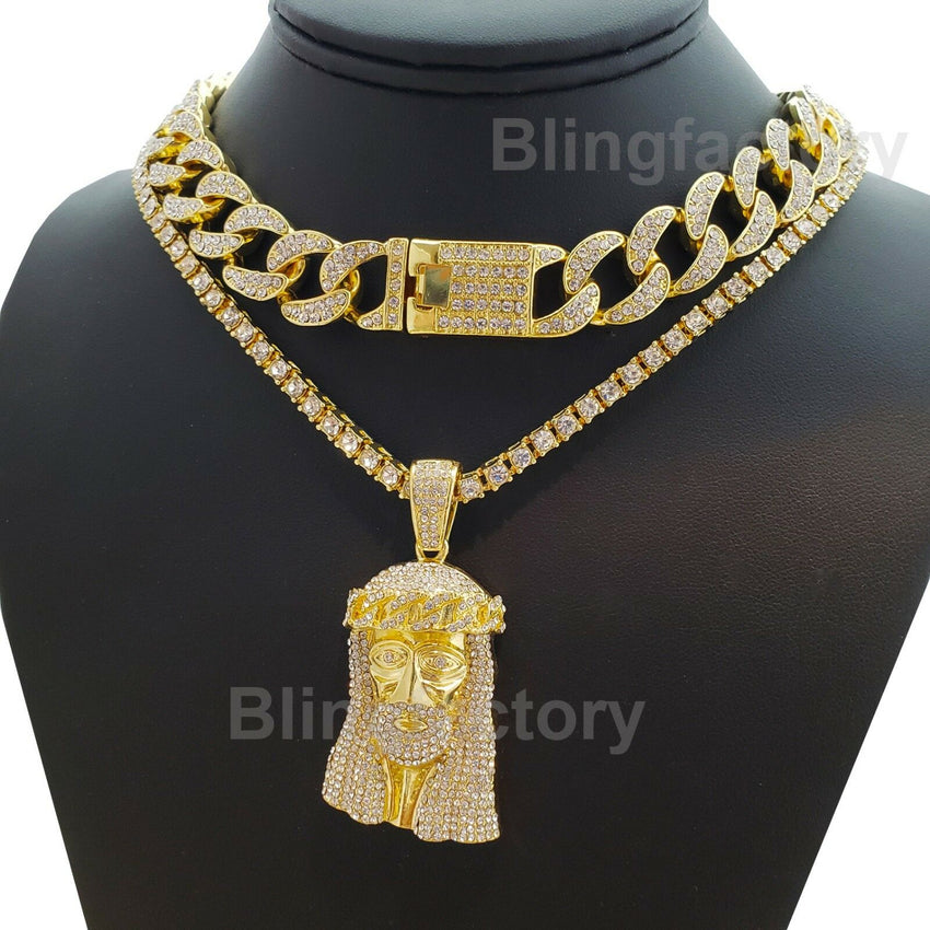 Hip Hop Jesus Face Pendant & 18" Full Iced Cuban & 1 Row Tennis Choker Chain Necklace Set