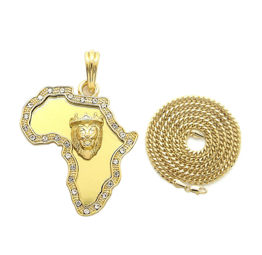 Iced Out Africa Lion King Pendant & 24" Box, Cuban, Rope Chain Hip Hop Necklace