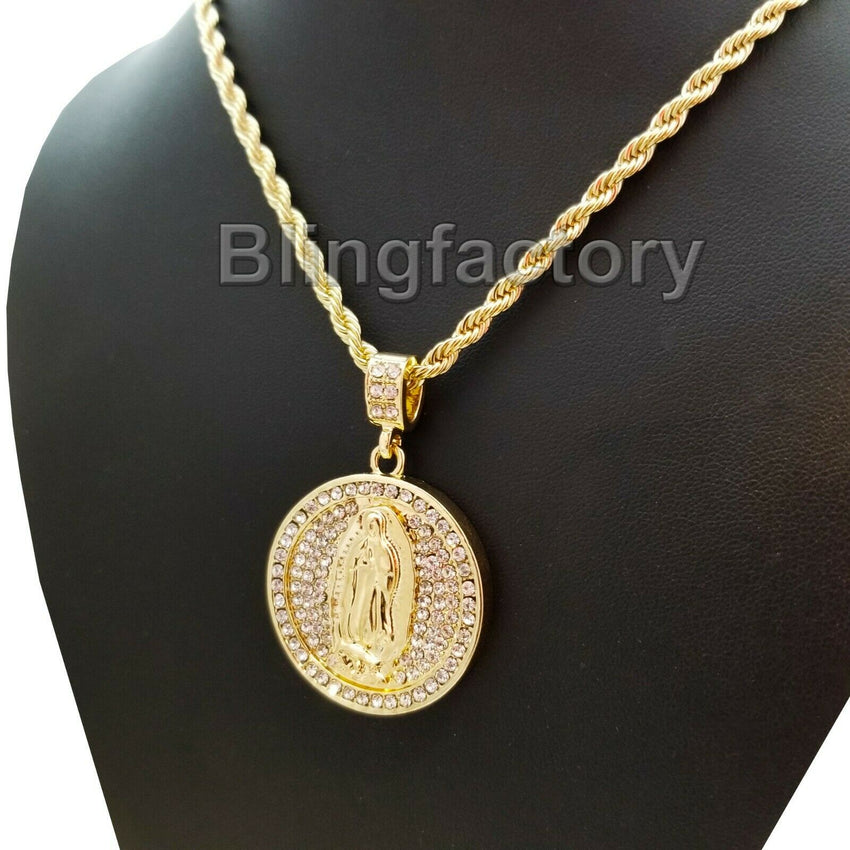 Hip Hop Iced out Virgen De Guadalupe Pendant & 4mm 24" Rope Chain Necklace