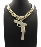 Hip Hop 37 RIP MARY Gun Pendant & 12mm 18" Full Iced Out Cuban Chain Necklace