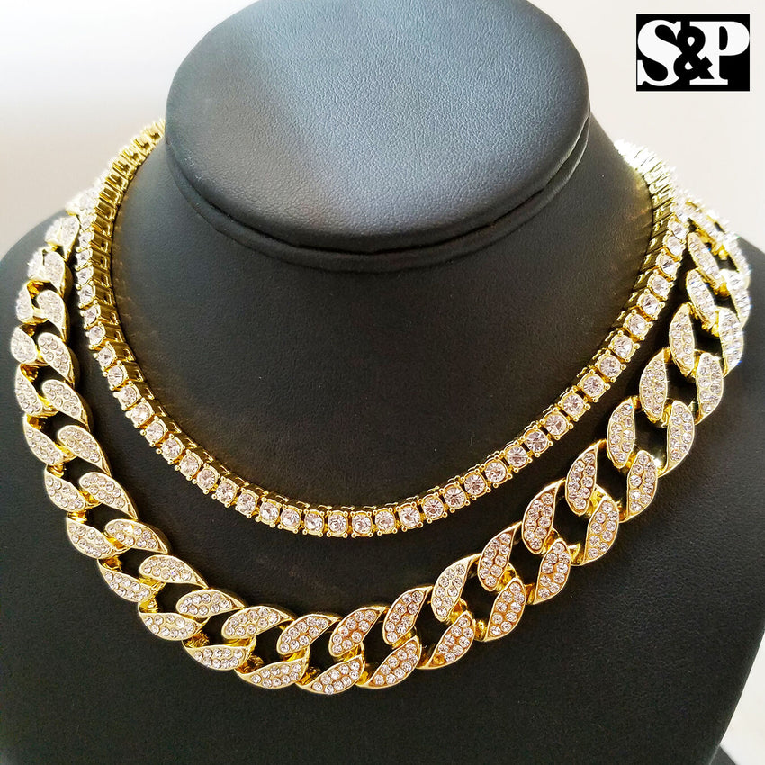 Hip Hop Quavo Choker 16" Full Iced Cuban & 1 ROW DIAMOND CHAIN & "P" Necklace