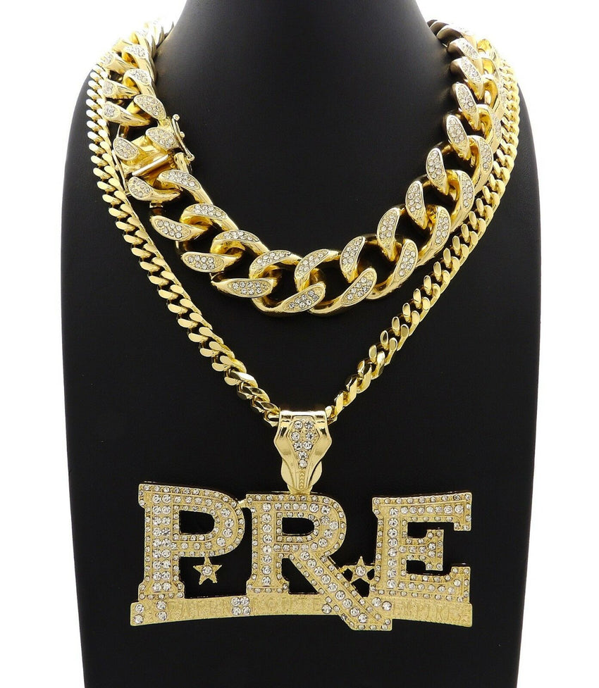 Hip Hop Iced Young Dolph PRE Necklace & 18" Full Iced Cuban Choker Chain Necklace Set