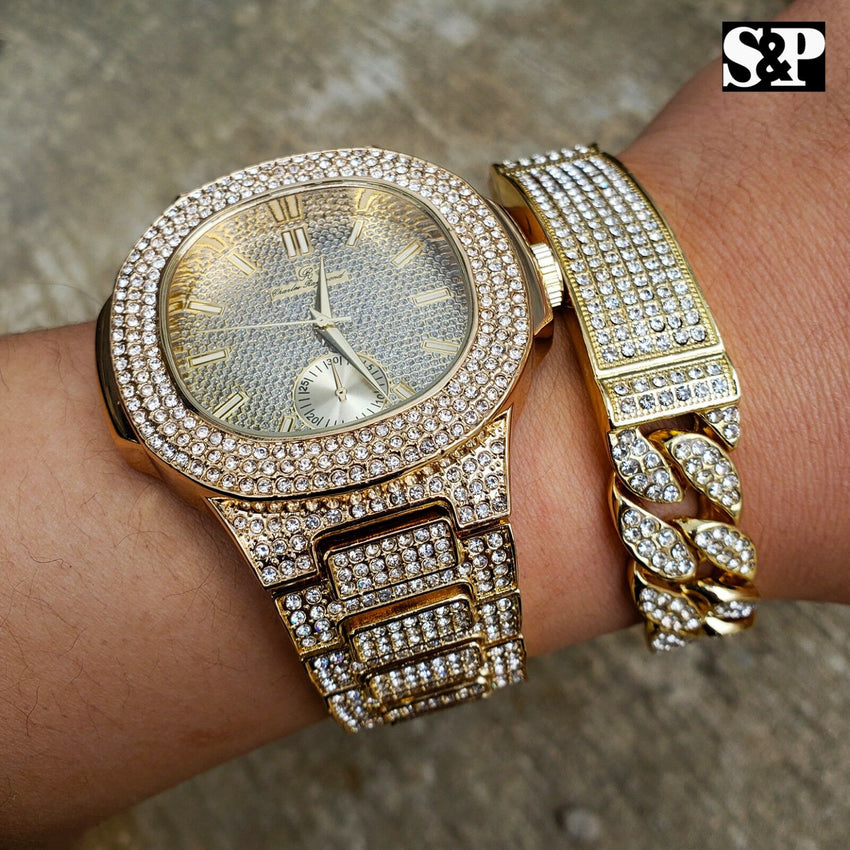 MEN'S HIP HOP GOLD PT BLING LAB DIAMOND WATCH & FULL ICED BRACELET COMBO SET