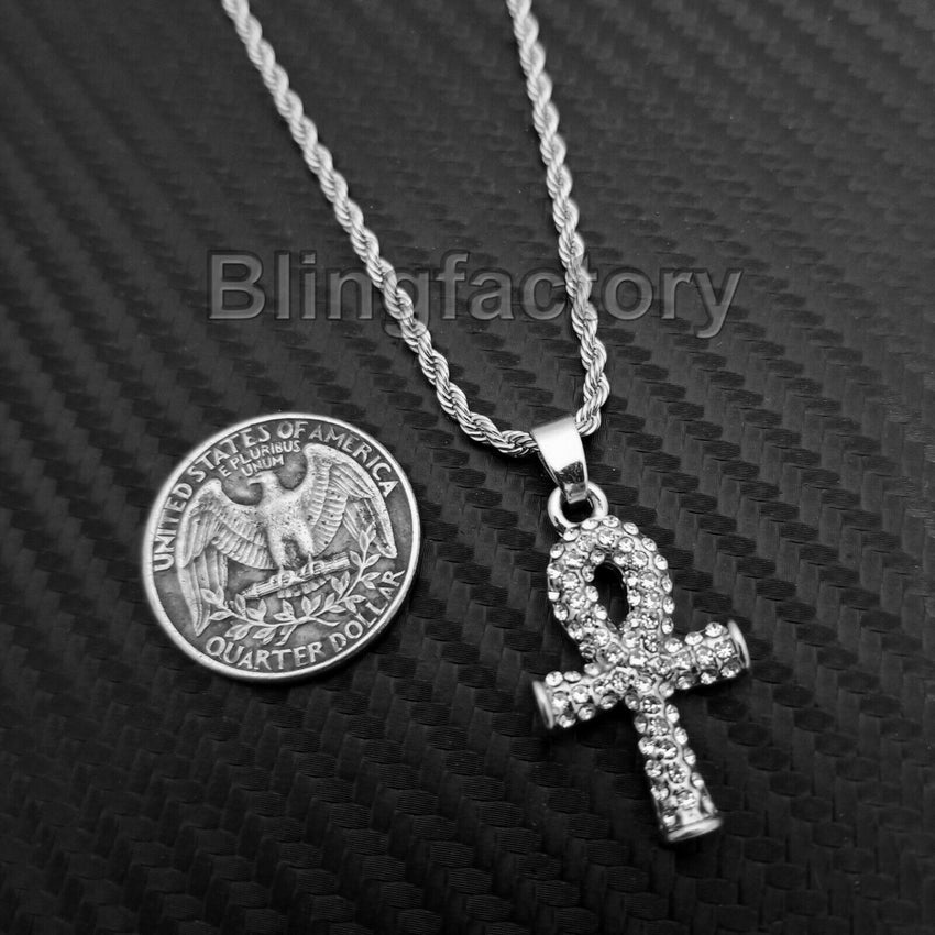 Hip Hop Iced out Mini Owl & Ankh Cross Pendant & 3mm 24" Rope Chain Necklace Set